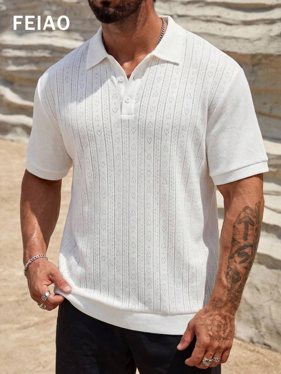 FEIAO Men's Vintage Coin Pattern Polo Shirt, Fabric Patchwork Design With Subtle Sheer Details, Soft Fabric For Comfortable Wear, Relaxed Fit. Fashionable And Versatile Daily Commute Casual Wear. - White - View 1
