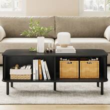 ONBRILL Black Rectangular Coffee Table, 47 Inch Fluted Coffee Tables With Cabinets & Sliding Doors, Mid-Century Modern Coffee Tables, Wood Center Table With Storage And Handle For Living Room, Home Small Space - COT-103 Black - 查看 6