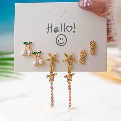 Bộ 3 đôi bông tai hình quả anh đào, sao biển tua rua và dứa – Trang sức hình trái cây và động vật dễ thương màu vàng dành cho phụ nữ và bé gái.