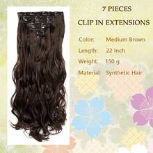 Extensiones de cabello con clip, cabello sintético liso y ondulado, piezas (Marrón Claro, liso) - S-Marrón medio - Ver 8