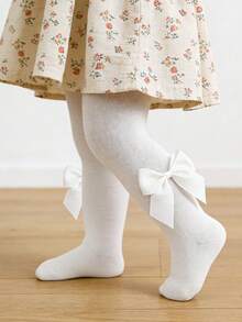 1pc Girls' Solid Color Bow Decor Tights, Suitable For Everyday Wear - White - View 3