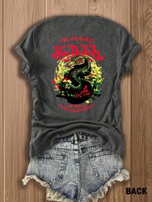 Double-Side 1pcs Women's Grey Crew Neck T-Shirt Vintage Streetwear Style Van Dutch Logo And Dragon Graphic Print Short Sleeve Summer Breathable Tee Ideal For Daily Wear Family Gatherings Summer Trips And Festive Occasions - 灰色 - 查看 3