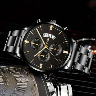 Reloj de acero inoxidable negro de moda para hombres, reloj de pulsera de lujo con calendario de cuarzo, reloj de negocios para hombres, reloj de hombre, Relogio