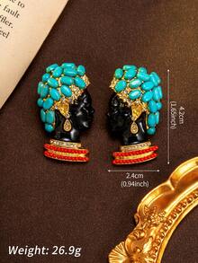 Une paire de boucles d'oreilles à tige vintage de style milieu de siècle, avec incrustation de turquoise synthétique et émail peint à la main. Délicates, conviennent pour un port quotidien, des banquets, des fêtes et des occasions festives. Également adaptées comme cadeau. - Turquoise - Voir 5