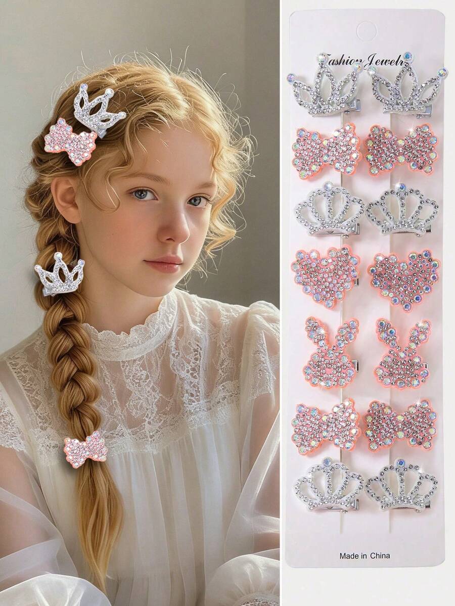 10pcs/Set Girls & Teens Rabbit Crown, Heart, Bow Hair Clips, Bangs, Side Fringe, Fashion Versatile Duck Clip Hair Accessories, Suitable For Daily Use, Gift - Multicolor - View 1