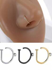 1/3件装 男士假鼻环 朋克风 D形锆石鼻夹 无需穿孔 不锈钢鼻中隔饰品 - 彩色 - 查看 1
