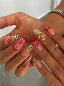 24pcs/Set French Almond-Shaped Ocean Style Elegant 3D Stereo Starfish, Red & Yellow Flower, Seashell, Golden Pearl Decorated Sweet Press-On Full Cover False Nails With 1pc Jelly Gel And 1pc Nail File, Adding A Romantic Touch For Daily Dates, Autumn/Winter - 彩色 - 查看 9