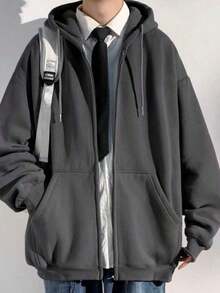 Open-Back Sweatshirt With Zipper And Hood For Cold Weather, Winter, Plain Jacket. - Gris Oscuro - Ver 2