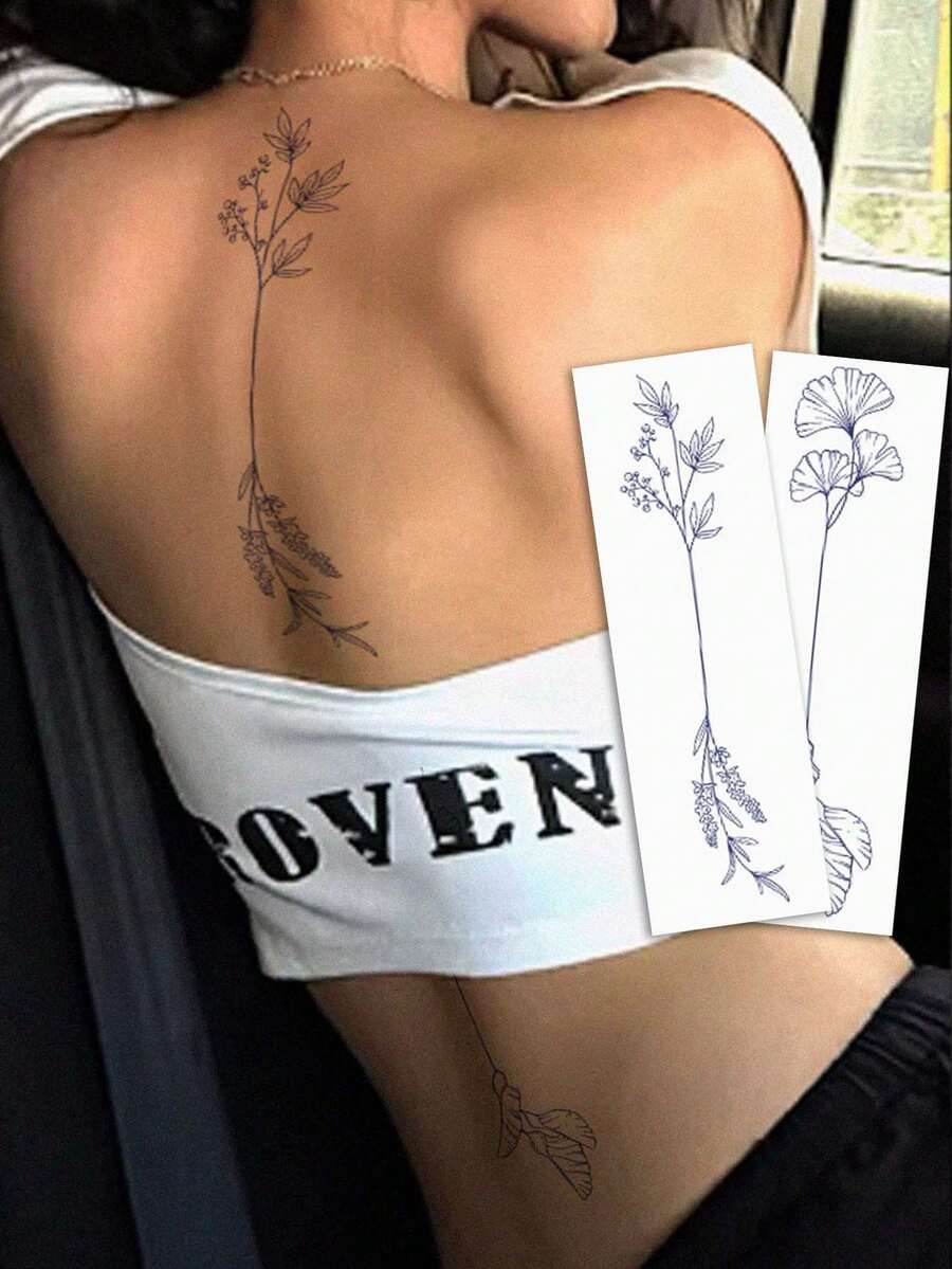 1pc Herbal Paper Lasting Temporary Tattoo, Fashionable Leaf Design Tattoo Sticker, Arm/Leg/Chest Waterproof Sweatproof Body Art Tattoo For Men & Women, Looks Real, & Easy To Apply, Lasts 7-14 Days - Blue - View 1
