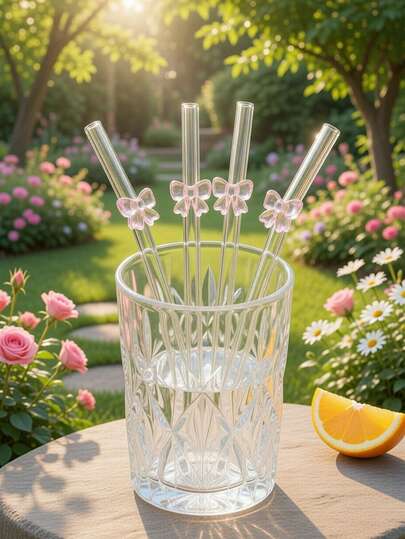 2/4pcs Glass Straw With Cleaner, Reusable Drinking Straws With Bow Charm, Cute Glass Straw Shatter-Resistant Bent Drinking Straws, Clear Glass Straw For Ice Coffee