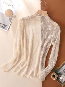 Lace Camisole Elegant T-Shirt, Semi-Transparent Soft Smooth High Elasticity Comfortable Breathable, Suitable For All Year Round Matching Spring Casual - Apricot - View 6