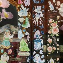 1卷PET胶带，玫瑰幻想诗系列手绘植物与女孩插画贴纸，适用于日记本、相册、礼品包装、装饰，70厘米超长可重复使用胶带（宽：5厘米，长：300厘米），学生水瓶装饰，返校必备文具 - 1roll - 查看 8