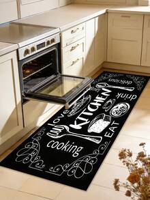 1pc Rubber Kitchen Mat, Simple Line Pattern Tableware Print Kitchen Carpet, Long Runner Rug For Laundry Room, Customizable Size To Fit Sink, Stove, Dining Area, Entryway, Easy To Clean And Maintain, Practical Doormat Decor - Black and White - View 9