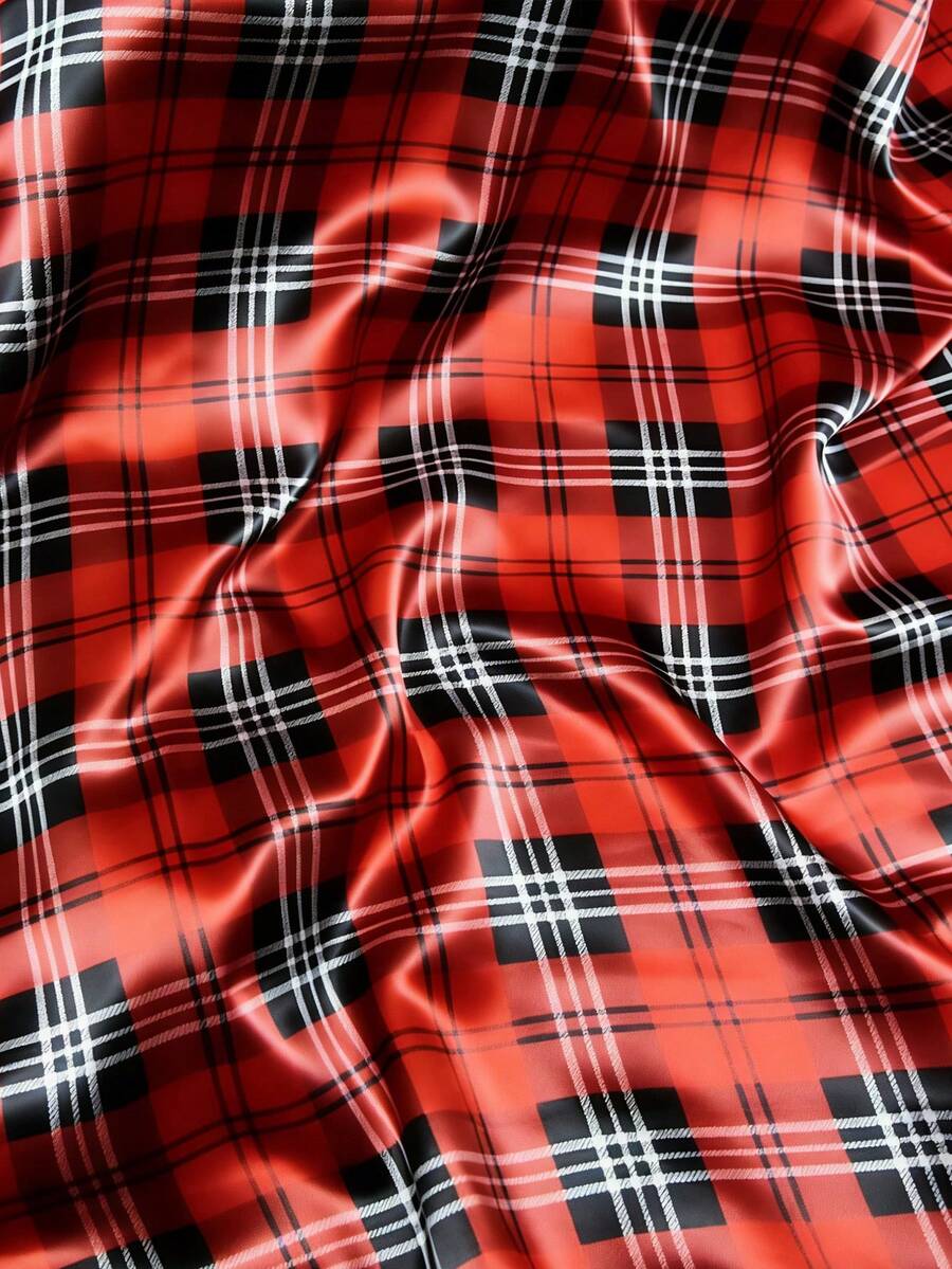 1pc Luxury Red Plaid Satin Printed Fabric, High-End Dress Fashion Glossy DIY Pre-Cut Material - Red - View 1