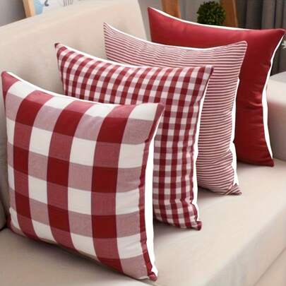 4Pcs Modern Minimalist Red Checkered Throw Pillow Covers - 17.7*17.7 Inches, 2D Single-Sided Printed Design, Suitable For Farmhouse, Living Room, Bedroom, Sofa, Porch, Patio, Outdoor Decor, Machine Washable With Zipper, Without Pillow Insert