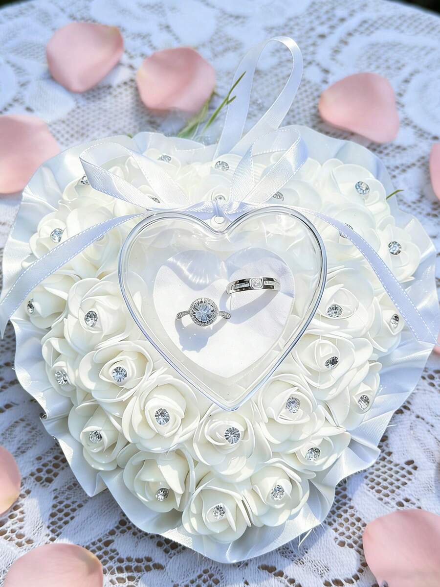 结婚戒指枕，戒枕，心形玫瑰蕾丝靠垫，适用于婚礼、派对和周年纪念日 - 1PC - 查看 1