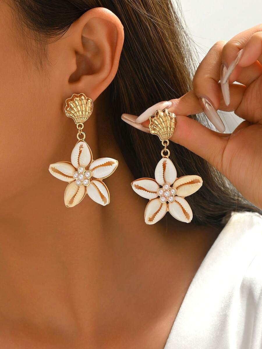 1 Pair Bohemian Ocean Style Alloy Shell Earrings, Unique Floral Shell ...