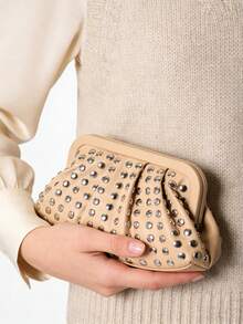 New Fashionable Versatile Minimalist Rivet Clutch Bag, Niche Design, High-End Retro Punk Style, Popular Design, Commute & Shopping Women's Black Handbag, Halloween Wallet, Perfect For Various Parties, Halloween Fashion And Goth Fashion - 杏色 - 查看 9