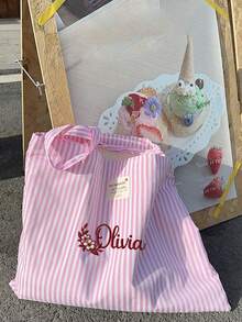 可定制姓名和图案印花复古条纹帆布手提包，女士大容量条纹帆布手提包 - 时尚单肩包，适合旅行和购物，鲜艳的红白条纹，容量大且实用，可机洗，敞口设计，休闲日常手提包 - 彩色 - 查看 8