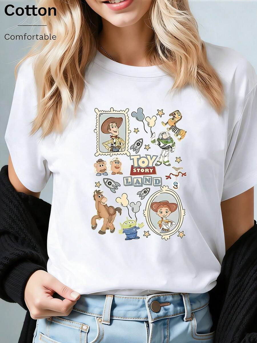 Disney Loose Fit Toy Story Land Character Collage Printed T-Shirt, Suitable For Summer And Spring, Short Sleeved Tops, Women's Clothing, Holiday Gift Party Costumes. - 白色 - 查看 1