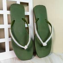 Women's Comfortable Black Square Toe Flip-Flop Sandal With Rhinestone Strap And Bow - Army Green - View 1