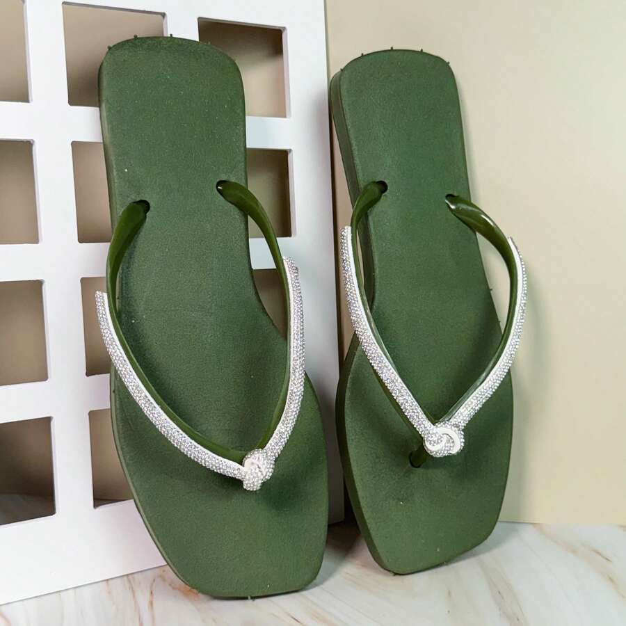 Women's Comfortable Black Square Toe Flip-Flop Sandal With Rhinestone Strap And Bow - Army Green - View 1