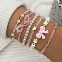6-Pack Glass Rice Bead Imitation Pearl Soft Ceramic Handmade Bead Layered Bracelet Pink Series Women's Jewelry Cute And Sexy Versatile Vacation Y2K Bow Love Bracelet Set Stainless Steel Jewelry,  Items For Girls - 粉色 - 查看 7