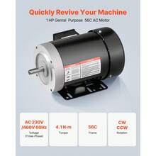 1 HP Electric Motor, 1725RPM Air Compressor Motor, CW/CCW Rotation, 5/8 Inch Shaft Diameter, 1.88inch Shaft Length, 4.1N.M Torque, Three-Phase, TEFC Cooling, 230V/460V, 56C Frame - 1HP 1725RPM 56C Three Phase - View 2