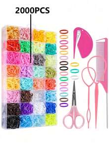 2000个随机颜色弹力发圈，32种颜色迷你发绳，附带美发造型工具，适合女孩，可用作发饰和礼物 - 彩色 - 查看 2