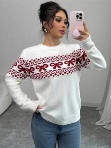 Jersey Mujer 2026 Estilo Americano Cuello Redondo Lazo Contraste Colección Navidad - Blanco - Ver 3