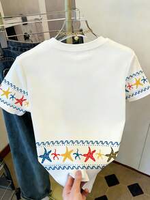 女士休闲圆领短袖T恤，饰有贝壳、螃蟹、海星印花，适合夏季海滩度假穿着 - 彩色 - 查看 2