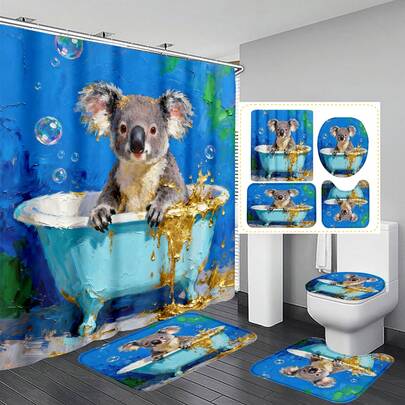 1pc/3pcs/4pcs Oil Painting Style Animal Taking Bath Blue Multifunctional Bathroom Decor Shower Curtain Set, Free 12 Hooks Included, Elegant Holiday Atmosphere, Bathroom Mat, U-Shaped Floor Mat And Round Toilet Mat, Suitable For All Scenarios Bathroom Set