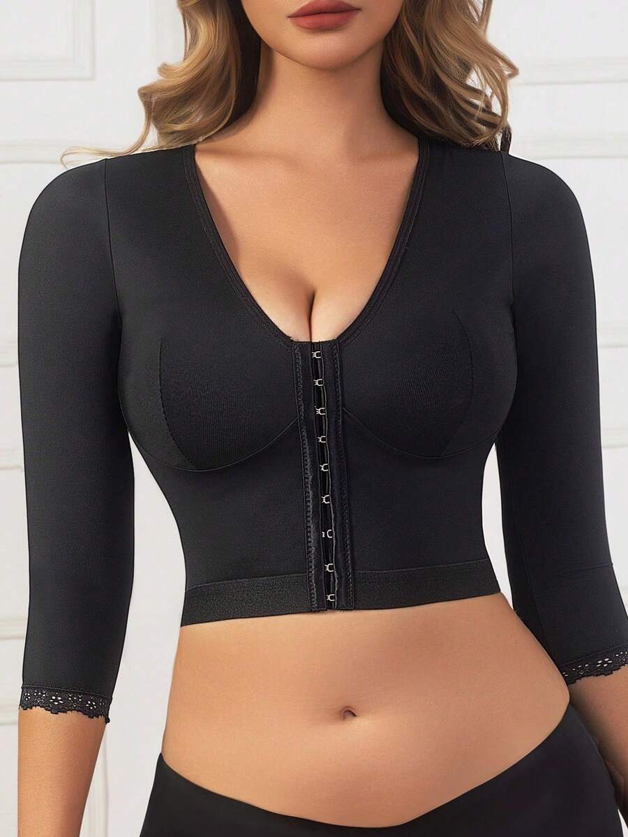 Top moldeador de brazos SlimSculpt con mangas 3/4 | Cierre frontal, control de abdomen y soporte postural para mujer - Negro - Ver 1