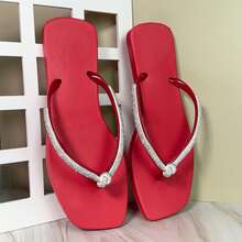 Women's Comfortable Black Square Toe Flip-Flop Sandal With Rhinestone Strap And Bow - Red - View 1