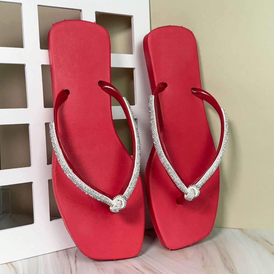 Women's Comfortable Black Square Toe Flip-Flop Sandal With Rhinestone Strap And Bow - Red - View 1