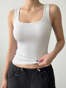 1pc Women Casual Comfortable Padded Square Neck Camisole Top, Slim Fit Ribbed Sleeveless Undershirt, Suitable For All Seasons - White - View 5
