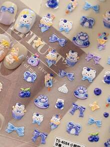 1个可爱蓝白泰迪熊、蓝莓纸杯蛋糕、猫爪、领结奶油色5D立体贴纸，可爱自粘美甲装饰，适合儿童和女孩 - 彩色 - 查看 10