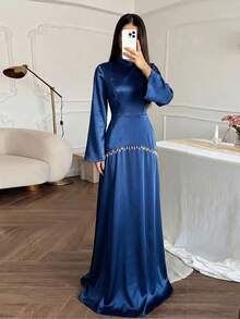 女士纯色编织拼接水晶流苏优雅度假时尚阿拉伯连衣裙 春季 - 藍色 - 查看 2