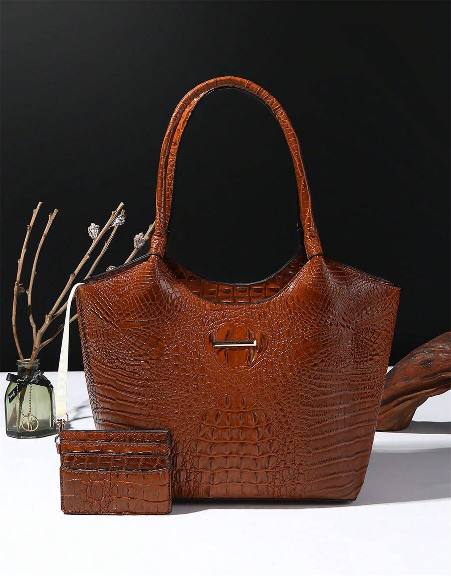 2pcs Elegant Women's Tote,Elegant Large-Capacity Women's Tote | Solid-Color Crocodile-Patterned PU Bag With Secure Zipper, Multi-Pockets, Fixed Strap - Suitable For Work & Outings - 棕色 - 查看 1