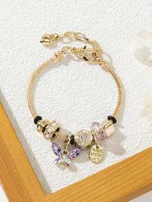 1pc Women's Adjustable Bracelet With Multi-Color Heart & Butterfly Pendant (Rhinestone Position Random) - Purple - View 3