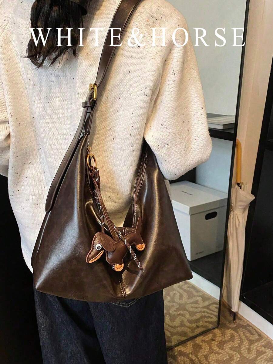 Casual Retro Minimalist Crescent Moon Shoulder Bag, Versatile - Coffee - View 1