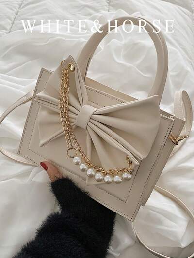 Bow & Faux Pearl Decor Square Bag, Bow Purse For Women Valentines