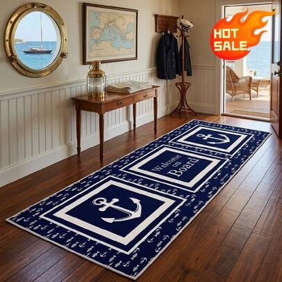 深蓝色航海风水晶绒地垫 | 深蓝色背景，饰以白色锚图案和“欢迎登船”字样，风格清新复古，充满海洋气息，适用于门廊、走廊、阳台等空间。采用850克/平方米高密度水晶绒面料制成。