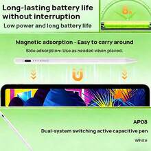 Le stylet capacitif actif à double système AP08 est doté d'une protection anti-toucher accidentel, d'une mise hors tension intelligente pour économiser l'énergie, d'une fixation magnétique latérale pour un transport facile, d'une faible consommation d'énergie pour une longue durée de vie de la batterie et d'une compatibilité avec Apple/Android. - Voir 6