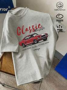 Ribbed Cotton Men's T-Shirt, Classic Car Print, College Style Spring And Summer New Sports, Fashion Soft Breathable Men's Short Sleeve Tops - Grey - View 3
