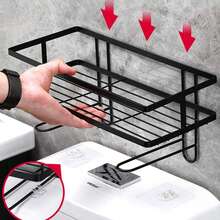 15lbs Capacity No-Drill Bathroom Wall Mounted Storage Rack, Single-Tier Metal Organizer With Toilet Paper Holder, Rust-Proof Space Saving - Black - View 5