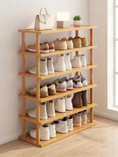 Elegant Multi-Tiered Bamboo Shoe Rack With Natural Wood Grain Finish - Space-Saving, Easy To Assemble, Suitable For Dorm Rooms, Hallways, And Kitchens - Stylish Square Storage Rack For Sneakers, High Heels, And Stilettos.
