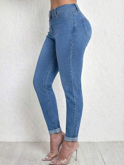 High-Waisted Light Blue Denim Jeans, Slim Fit Flattering Silhouette, Suitable For Spring/Summer, Vacation, Festivals, Casual Outings, Women's Denim Pants