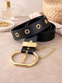 Women's Belt With Chain Buckle - Black - View 2