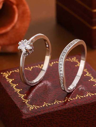 时尚星形V字形立方氧化锆几何戒指，女士订婚及结婚珠宝礼物